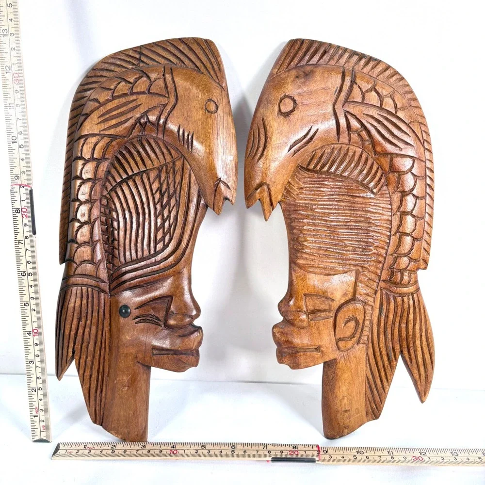 Vintage 70's Hand Carved Wood Wall Art Brown Pair Face Fish Tribal Folk Art MCM